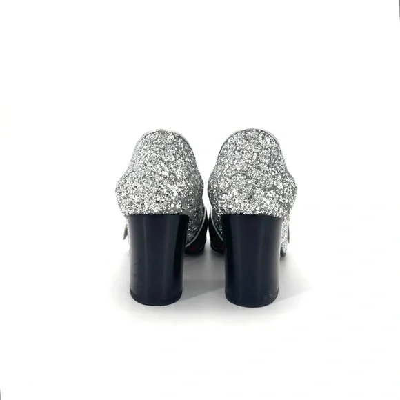 Gucci Web Stripe GG Peyton Silver Glitter Square Toe Platform Heeled Loafers 36 - Picture 6 of 10